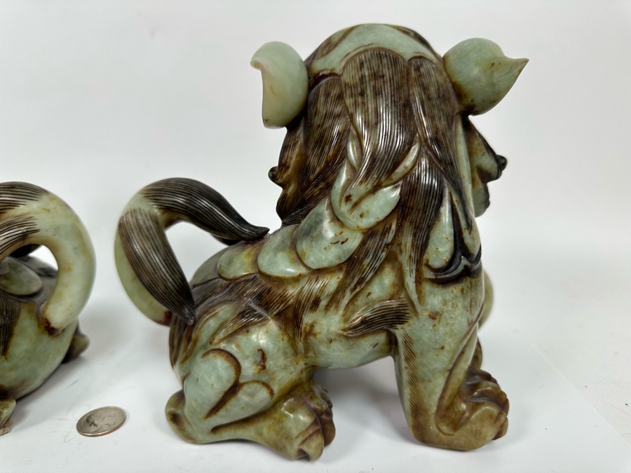 Pair Of Vintage Chinese Carved Jade Stone Foo Dogs Lions Each 8.5W X 6D X 8H [Photo 23]