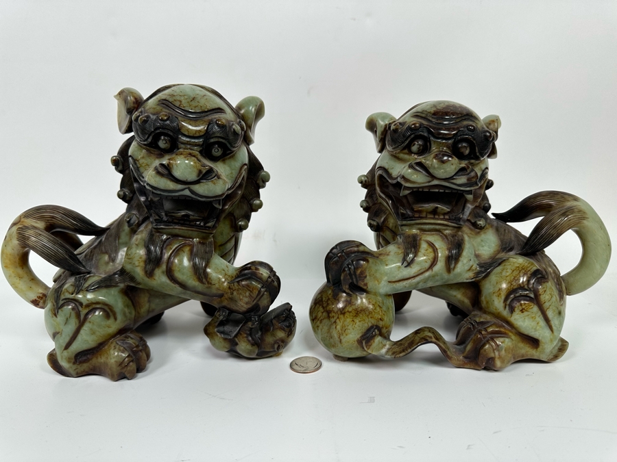 Pair Of Vintage Chinese Carved Jade Stone Foo Dogs Lions Each 8.5W X 6D X 8H [Photo 4]