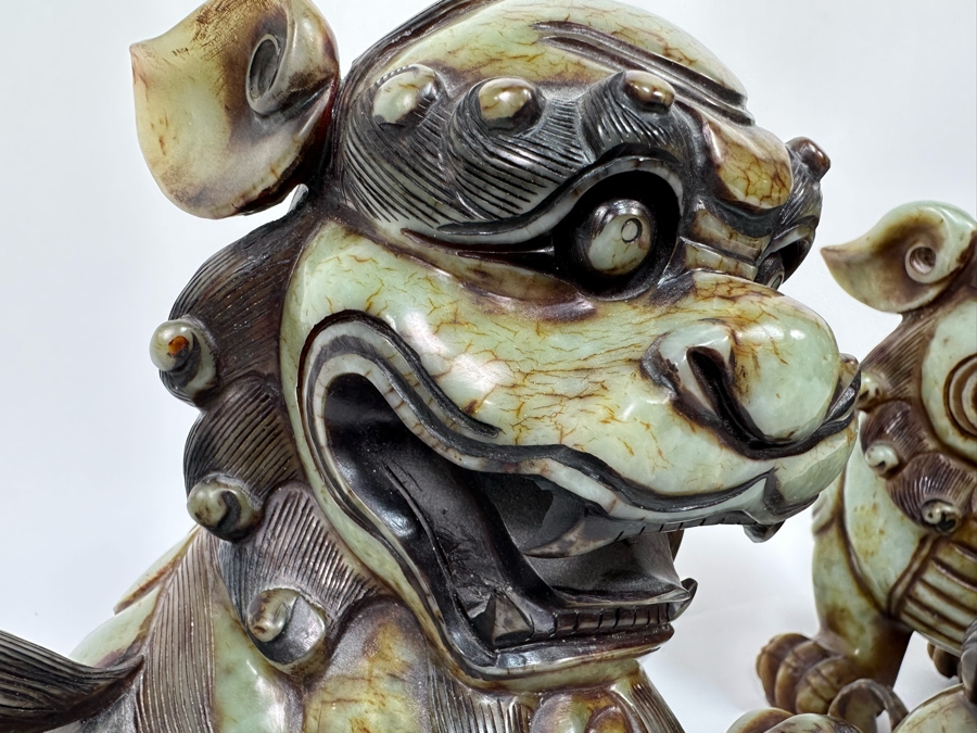 Pair Of Vintage Chinese Carved Jade Stone Foo Dogs Lions Each 8.5W X 6D X 8H [Photo 8]