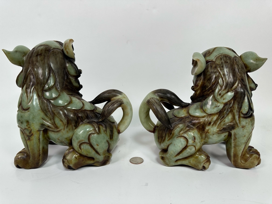 Pair Of Vintage Chinese Carved Jade Stone Foo Dogs Lions Each 8.5W X 6D X 8H [Photo 21]