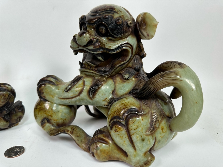 Pair Of Vintage Chinese Carved Jade Stone Foo Dogs Lions Each 8.5W X 6D X 8H [Photo 19]