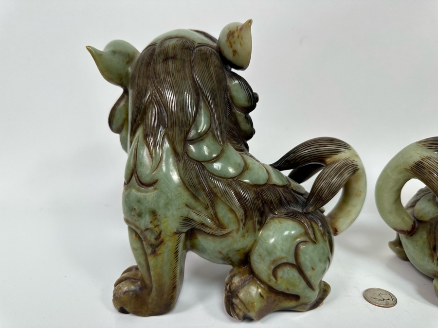 Pair Of Vintage Chinese Carved Jade Stone Foo Dogs Lions Each 8.5W X 6D X 8H [Photo 22]