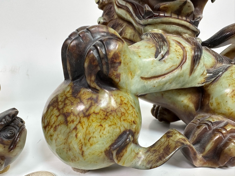 Pair Of Vintage Chinese Carved Jade Stone Foo Dogs Lions Each 8.5W X 6D X 8H [Photo 15]