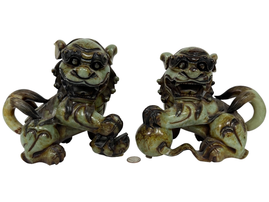 Pair Of Vintage Chinese Carved Jade Stone Foo Dogs Lions Each 8.5W X 6D X 8H [Photo 3]