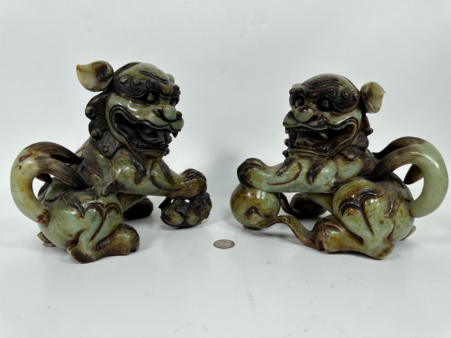 Pair Of Vintage Chinese Carved Jade Stone Foo Dogs Lions Each 8.5W X 6D X 8H [Photo 18]