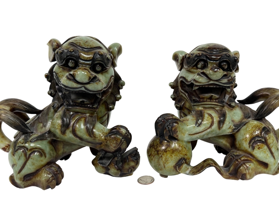 Pair Of Vintage Chinese Carved Jade Stone Foo Dogs Lions Each 8.5W X 6D X 8H [Photo 2]