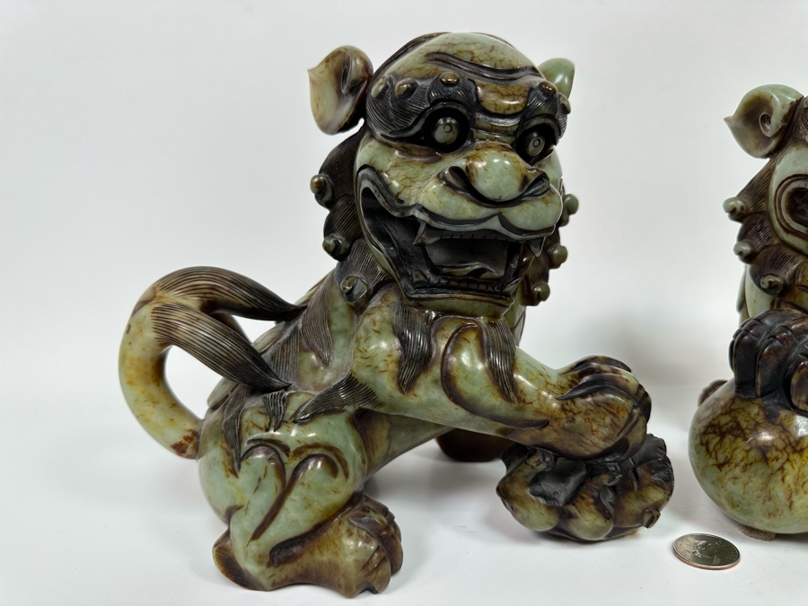 Pair Of Vintage Chinese Carved Jade Stone Foo Dogs Lions Each 8.5W X 6D X 8H [Photo 7]