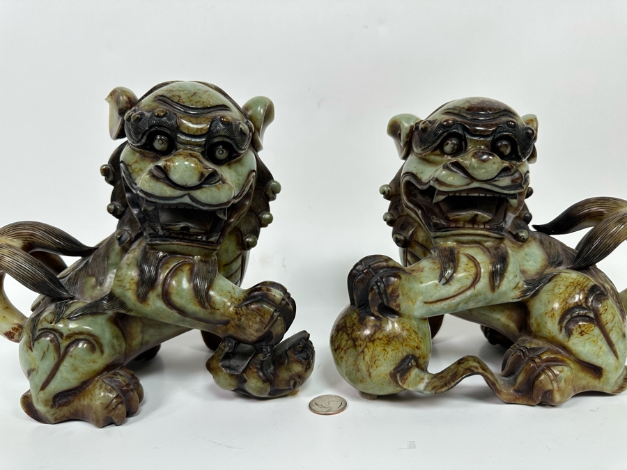 Pair Of Vintage Chinese Carved Jade Stone Foo Dogs Lions Each 8.5W X 6D X 8H