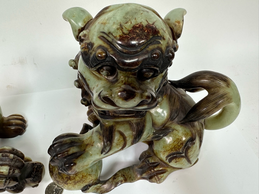 Pair Of Vintage Chinese Carved Jade Stone Foo Dogs Lions Each 8.5W X 6D X 8H [Photo 13]