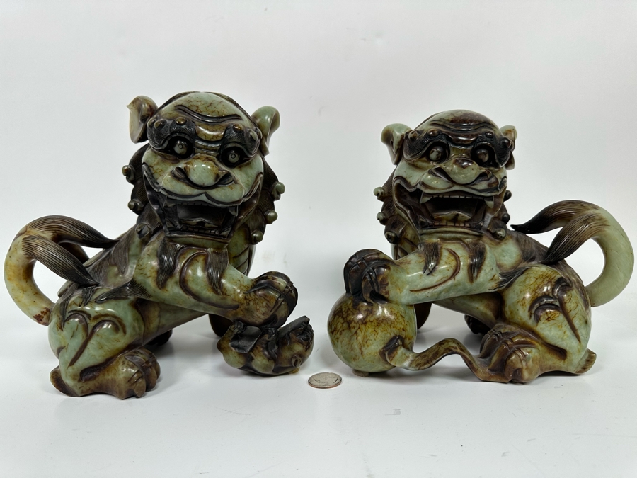 Pair Of Vintage Chinese Carved Jade Stone Foo Dogs Lions Each 8.5W X 6D X 8H [Photo 6]