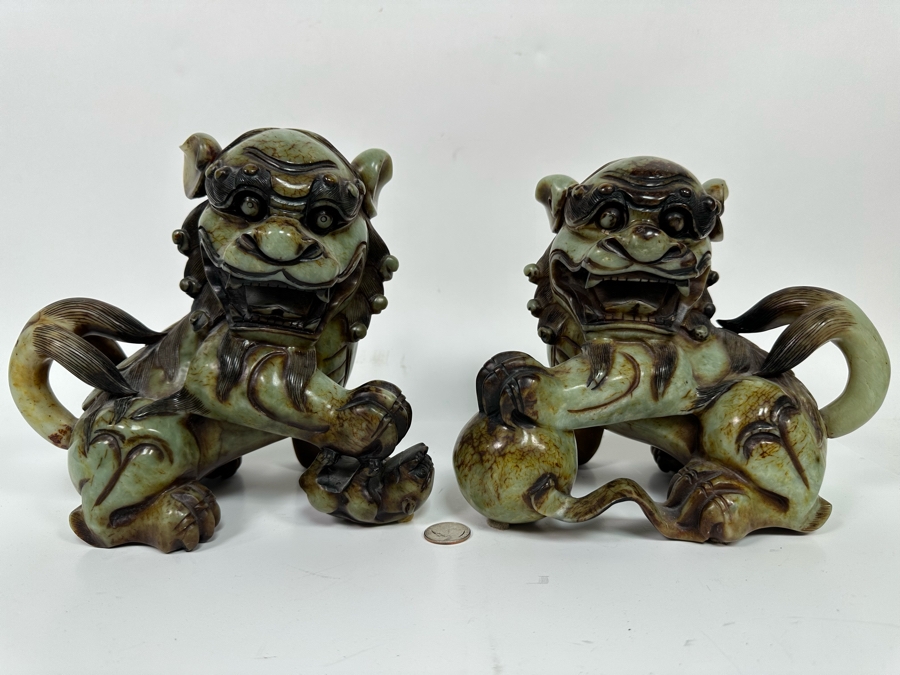 Pair Of Vintage Chinese Carved Jade Stone Foo Dogs Lions Each 8.5W X 6D X 8H [Photo 5]