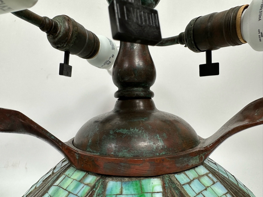 Stunning Bronze Beautiful Patina Table Lamp With Dragonfly Stained Glass Shade Unmarked Believed To Be Tiffany Lamp - See Photos 17W X 16H [Photo 32]