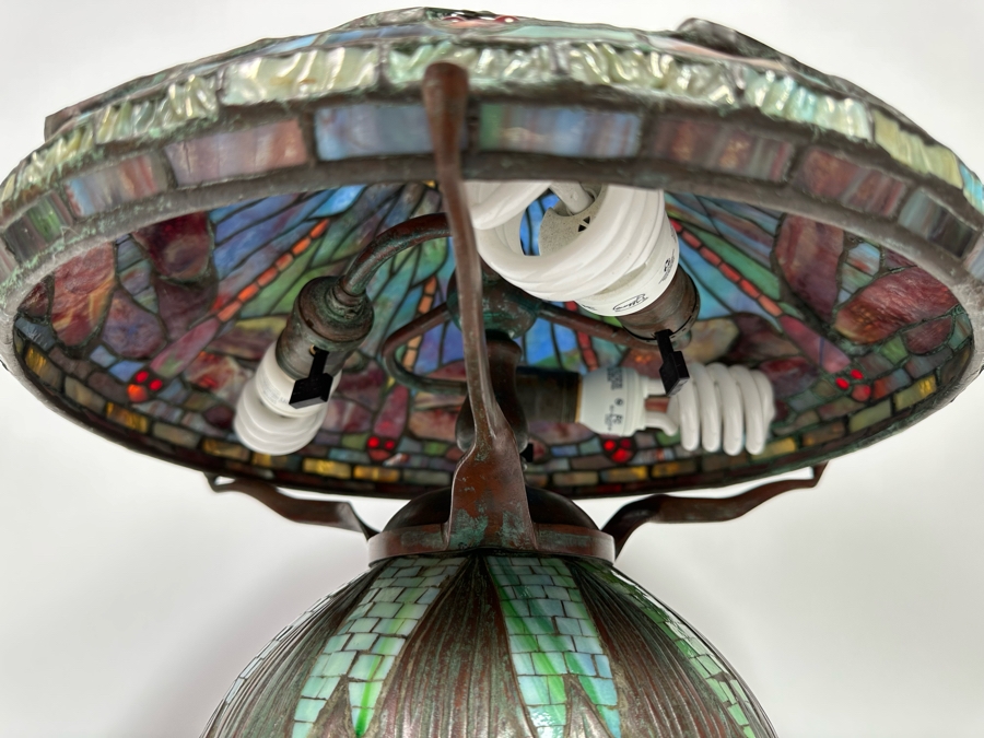 Stunning Bronze Beautiful Patina Table Lamp With Dragonfly Stained Glass Shade Unmarked Believed To Be Tiffany Lamp - See Photos 17W X 16H [Photo 20]