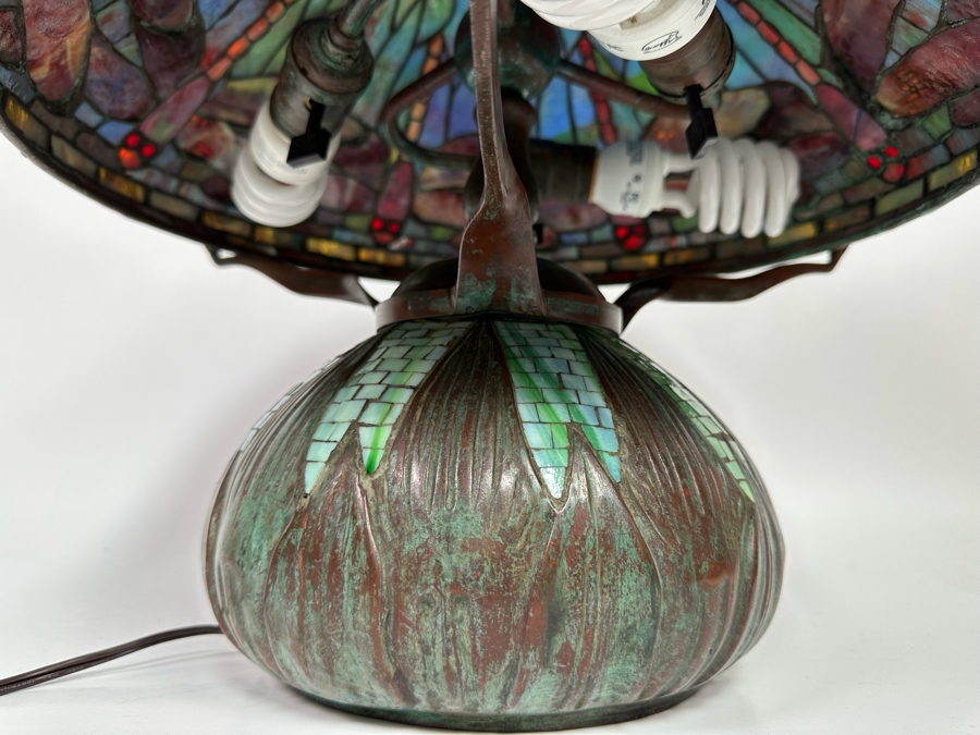 Stunning Bronze Beautiful Patina Table Lamp With Dragonfly Stained Glass Shade Unmarked Believed To Be Tiffany Lamp - See Photos 17W X 16H [Photo 19]