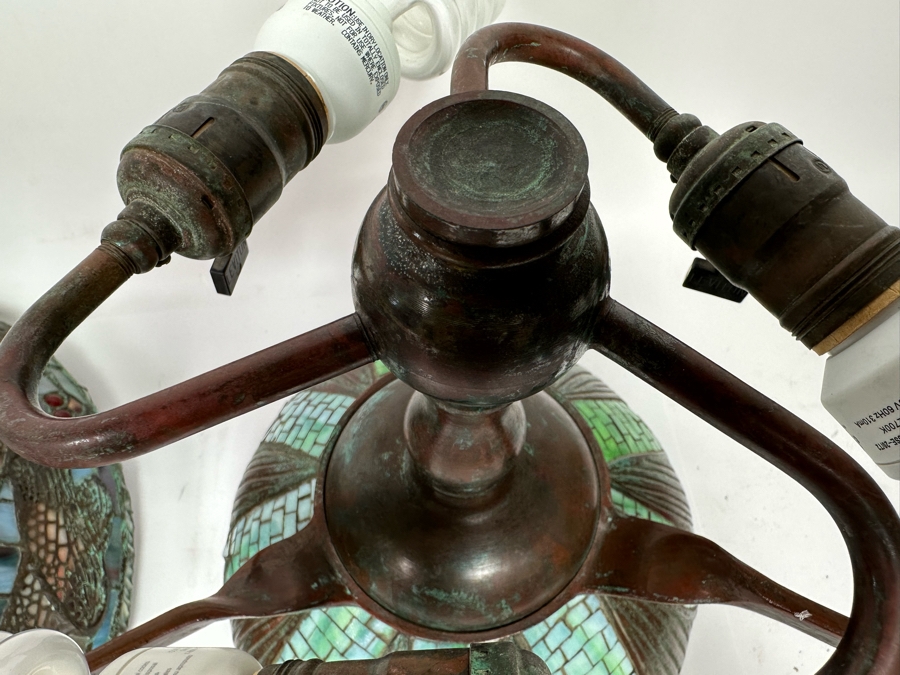 Stunning Bronze Beautiful Patina Table Lamp With Dragonfly Stained Glass Shade Unmarked Believed To Be Tiffany Lamp - See Photos 17W X 16H [Photo 33]