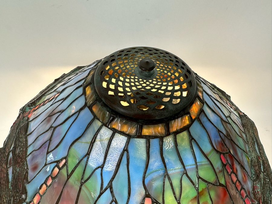 Stunning Bronze Beautiful Patina Table Lamp With Dragonfly Stained Glass Shade Unmarked Believed To Be Tiffany Lamp - See Photos 17W X 16H [Photo 12]