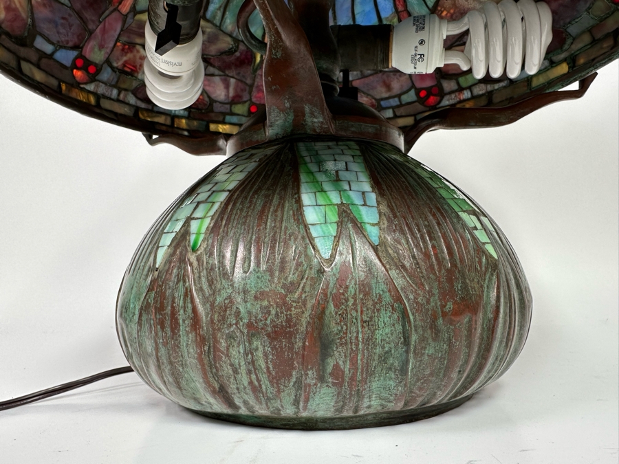 Stunning Bronze Beautiful Patina Table Lamp With Dragonfly Stained Glass Shade Unmarked Believed To Be Tiffany Lamp - See Photos 17W X 16H [Photo 22]