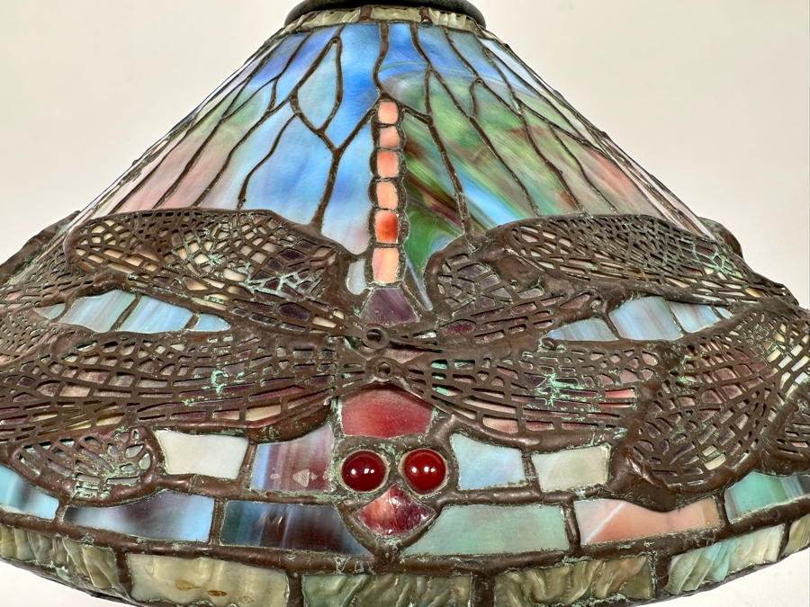 Stunning Bronze Beautiful Patina Table Lamp With Dragonfly Stained Glass Shade Unmarked Believed To Be Tiffany Lamp - See Photos 17W X 16H [Photo 17]