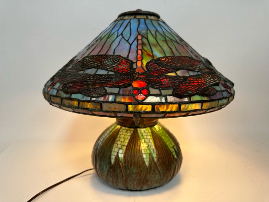 Stunning Bronze Beautiful Patina Table Lamp With Dragonfly Stained Glass Shade Unmarked Believed To Be Tiffany Lamp - See Photos 17W X 16H [Photo 3]