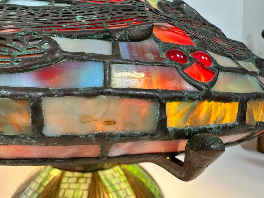 Stunning Bronze Beautiful Patina Table Lamp With Dragonfly Stained Glass Shade Unmarked Believed To Be Tiffany Lamp - See Photos 17W X 16H [Photo 8]
