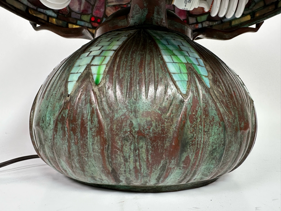 Stunning Bronze Beautiful Patina Table Lamp With Dragonfly Stained Glass Shade Unmarked Believed To Be Tiffany Lamp - See Photos 17W X 16H [Photo 21]