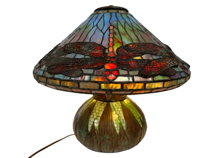 Stunning Bronze Beautiful Patina Table Lamp With Dragonfly Stained Glass Shade Unmarked Believed To Be Tiffany Lamp - See Photos 17W X 16H [Photo 1]