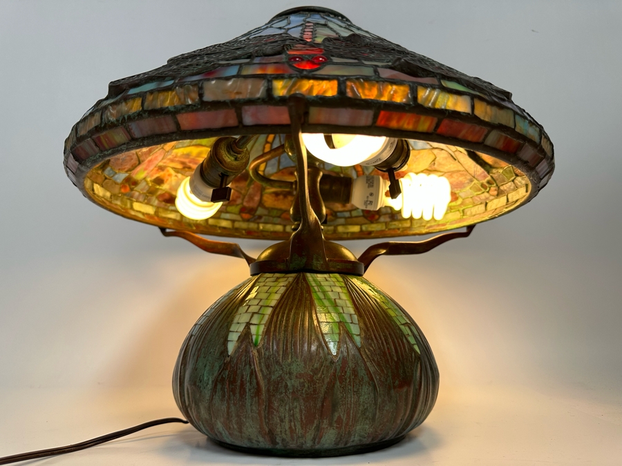 Stunning Bronze Beautiful Patina Table Lamp With Dragonfly Stained Glass Shade Unmarked Believed To Be Tiffany Lamp - See Photos 17W X 16H [Photo 11]