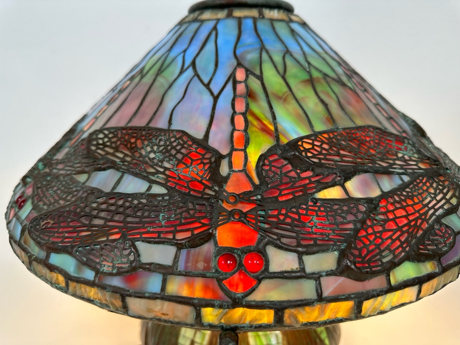 Stunning Bronze Beautiful Patina Table Lamp With Dragonfly Stained Glass Shade Unmarked Believed To Be Tiffany Lamp - See Photos 17W X 16H [Photo 6]