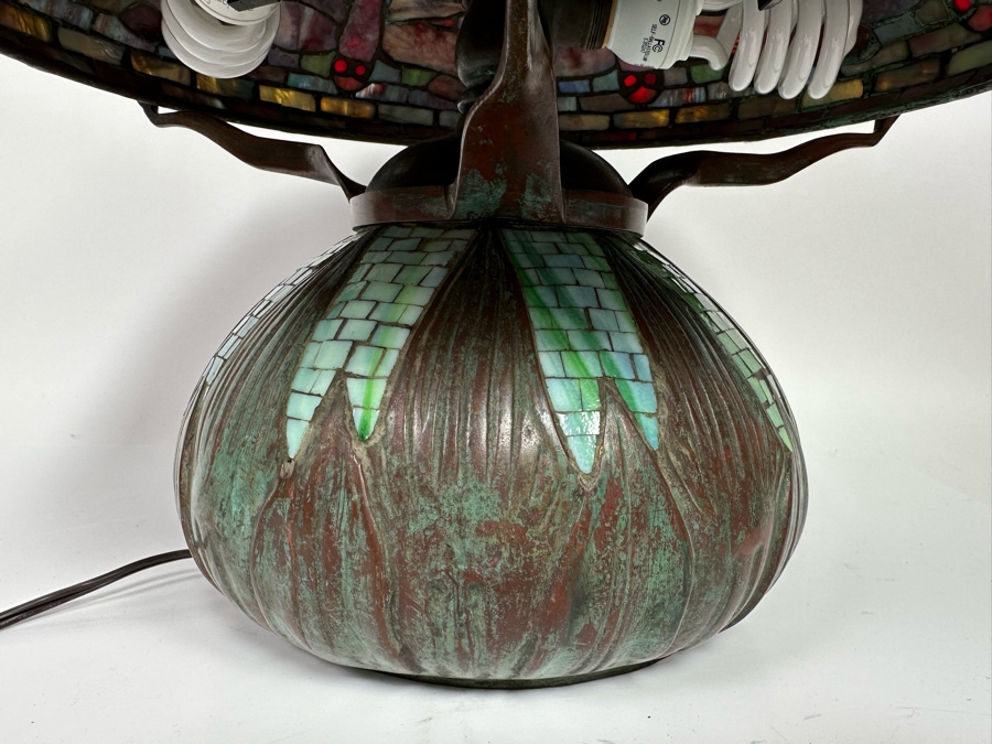 Stunning Bronze Beautiful Patina Table Lamp With Dragonfly Stained Glass Shade Unmarked Believed To Be Tiffany Lamp - See Photos 17W X 16H [Photo 18]