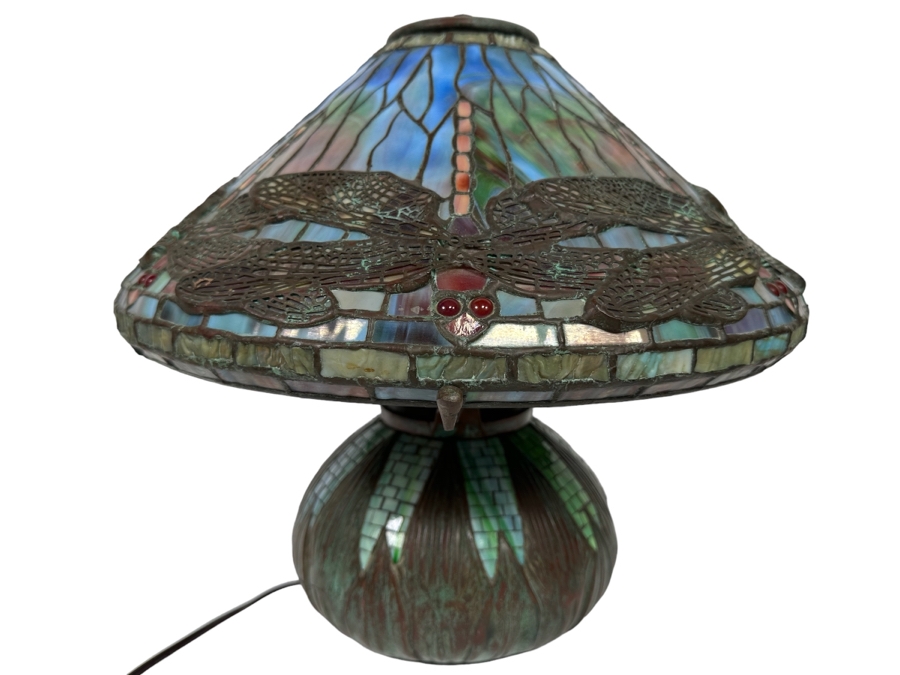 Stunning Bronze Beautiful Patina Table Lamp With Dragonfly Stained Glass Shade Unmarked Believed To Be Tiffany Lamp - See Photos 17W X 16H [Photo 2]