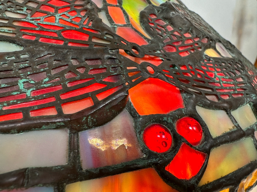 Stunning Bronze Beautiful Patina Table Lamp With Dragonfly Stained Glass Shade Unmarked Believed To Be Tiffany Lamp - See Photos 17W X 16H [Photo 7]