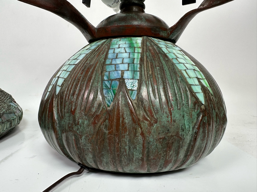 Stunning Bronze Beautiful Patina Table Lamp With Dragonfly Stained Glass Shade Unmarked Believed To Be Tiffany Lamp - See Photos 17W X 16H [Photo 28]