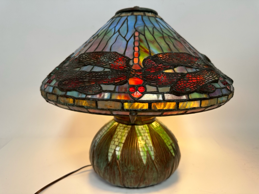 Stunning Bronze Beautiful Patina Table Lamp With Dragonfly Stained Glass Shade Unmarked Believed To Be Tiffany Lamp - See Photos 17W X 16H [Photo 5]
