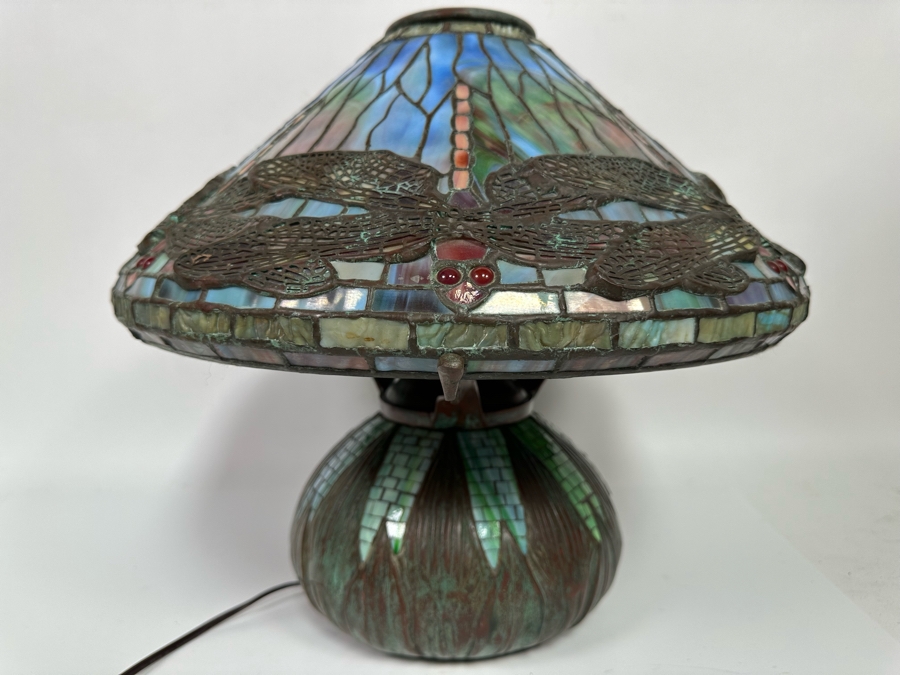 Stunning Bronze Beautiful Patina Table Lamp With Dragonfly Stained Glass Shade Unmarked Believed To Be Tiffany Lamp - See Photos 17W X 16H [Photo 15]