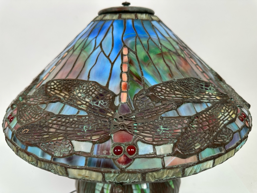 Stunning Bronze Beautiful Patina Table Lamp With Dragonfly Stained Glass Shade Unmarked Believed To Be Tiffany Lamp - See Photos 17W X 16H [Photo 16]