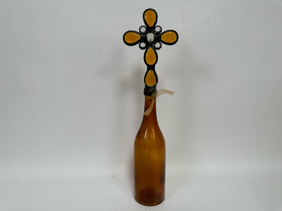 Antique 1880s Mineral Water Amber Glass Bottle With Handmade Cross Finial 18.5H [Photo 2]