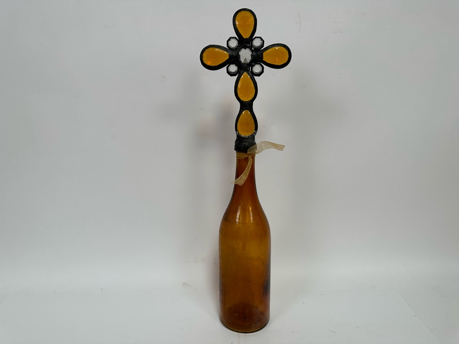Antique 1880s Mineral Water Amber Glass Bottle With Handmade Cross Finial 18.5H [Photo 3]