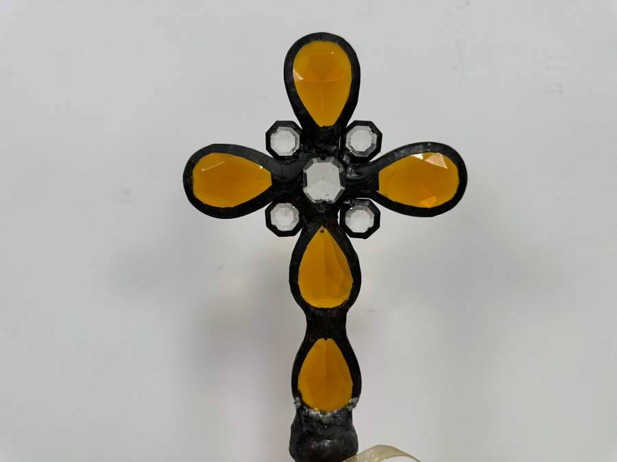 Antique 1880s Mineral Water Amber Glass Bottle With Handmade Cross Finial 18.5H [Photo 4]