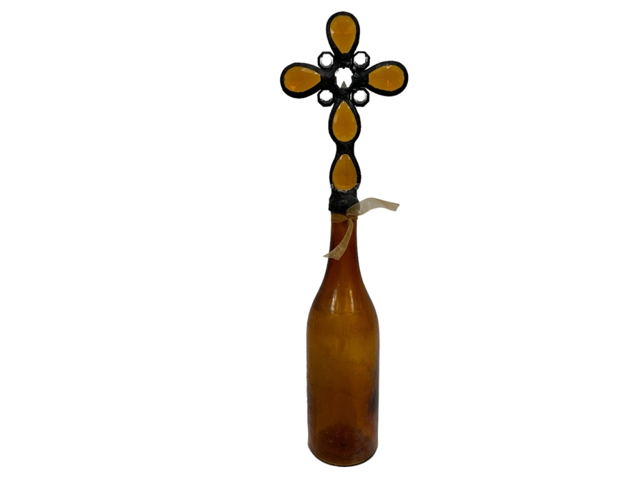 Antique 1880s Mineral Water Amber Glass Bottle With Handmade Cross Finial 18.5H [Photo 1]