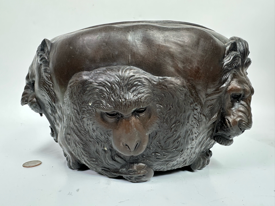 Impressive Bronze Bas-Relief Animal Jardiniere Bowl Planter Featuring Several Animals Including Lions, Bull, Elephant In Style Of Japanese Meiji Period Bronze, Heavy 12W X 7H - See Photos [Photo 3]