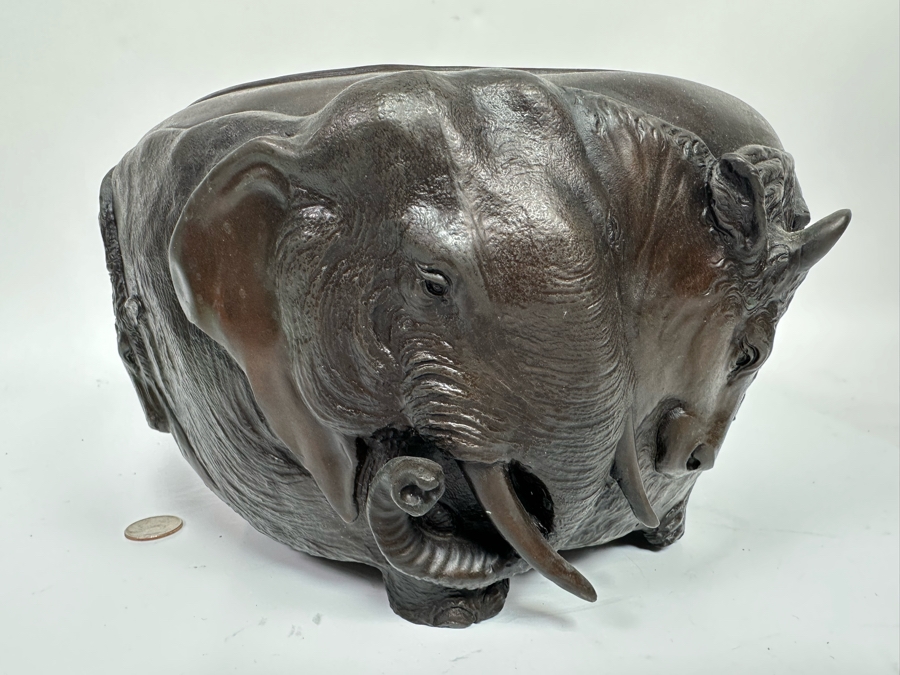 Impressive Bronze Bas-Relief Animal Jardiniere Bowl Planter Featuring Several Animals Including Lions, Bull, Elephant In Style Of Japanese Meiji Period Bronze, Heavy 12W X 7H - See Photos [Photo 7]