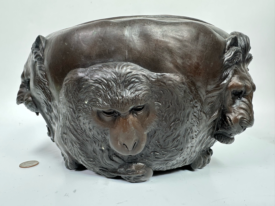 Impressive Bronze Bas-Relief Animal Jardiniere Bowl Planter Featuring Several Animals Including Lions, Bull, Elephant In Style Of Japanese Meiji Period Bronze, Heavy 12W X 7H - See Photos [Photo 4]
