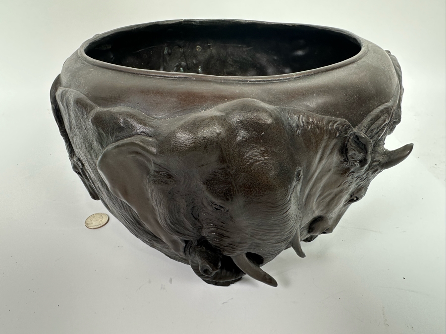 Impressive Bronze Bas-Relief Animal Jardiniere Bowl Planter Featuring Several Animals Including Lions, Bull, Elephant In Style Of Japanese Meiji Period Bronze, Heavy 12W X 7H - See Photos [Photo 8]