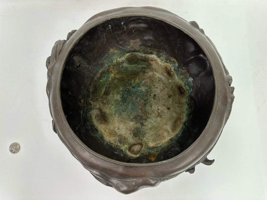 Impressive Bronze Bas-Relief Animal Jardiniere Bowl Planter Featuring Several Animals Including Lions, Bull, Elephant In Style Of Japanese Meiji Period Bronze, Heavy 12W X 7H - See Photos [Photo 9]