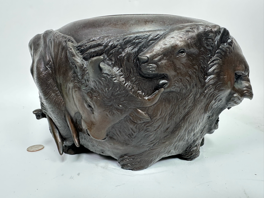Impressive Bronze Bas-Relief Animal Jardiniere Bowl Planter Featuring Several Animals Including Lions, Bull, Elephant In Style Of Japanese Meiji Period Bronze, Heavy 12W X 7H - See Photos [Photo 6]