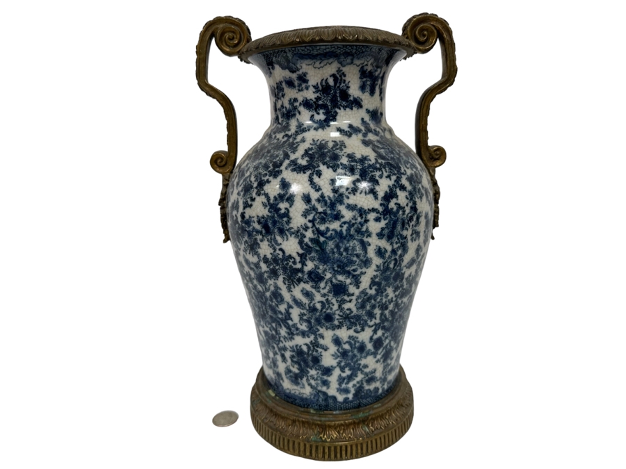 Porcelain Vase With Brass Ornamentation 13.5H