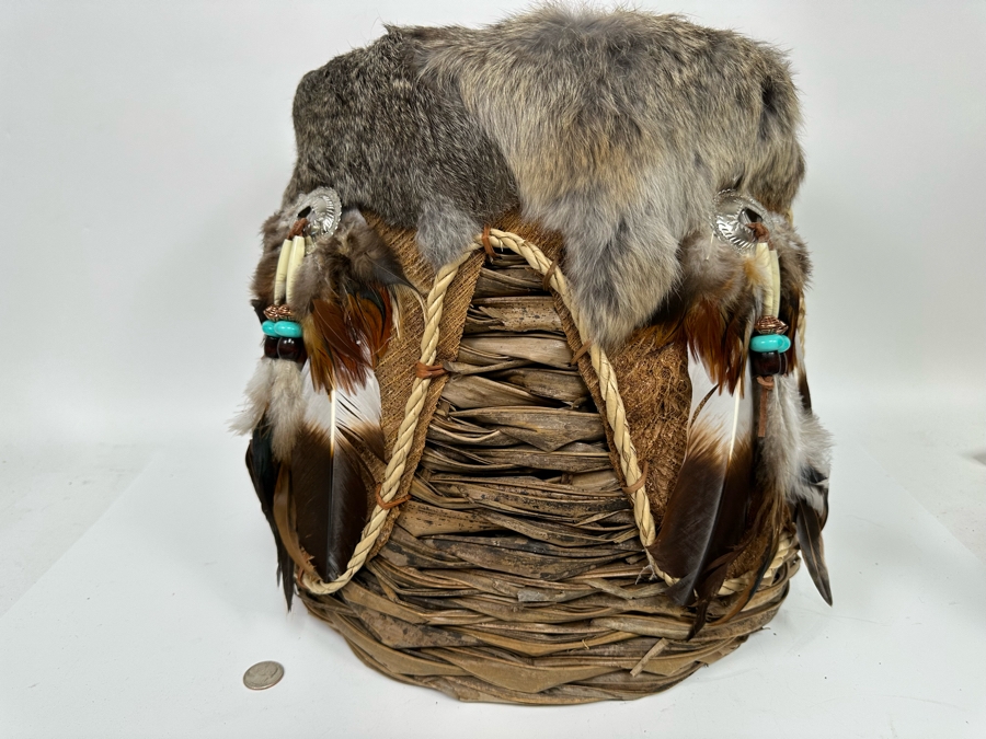 Handmade Basket Decorated With Fur And Feathers 15W X 14H [Photo 2]