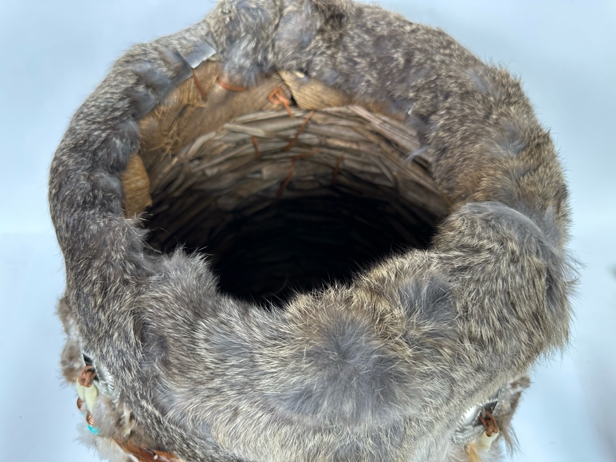 Handmade Basket Decorated With Fur And Feathers 15W X 14H [Photo 4]