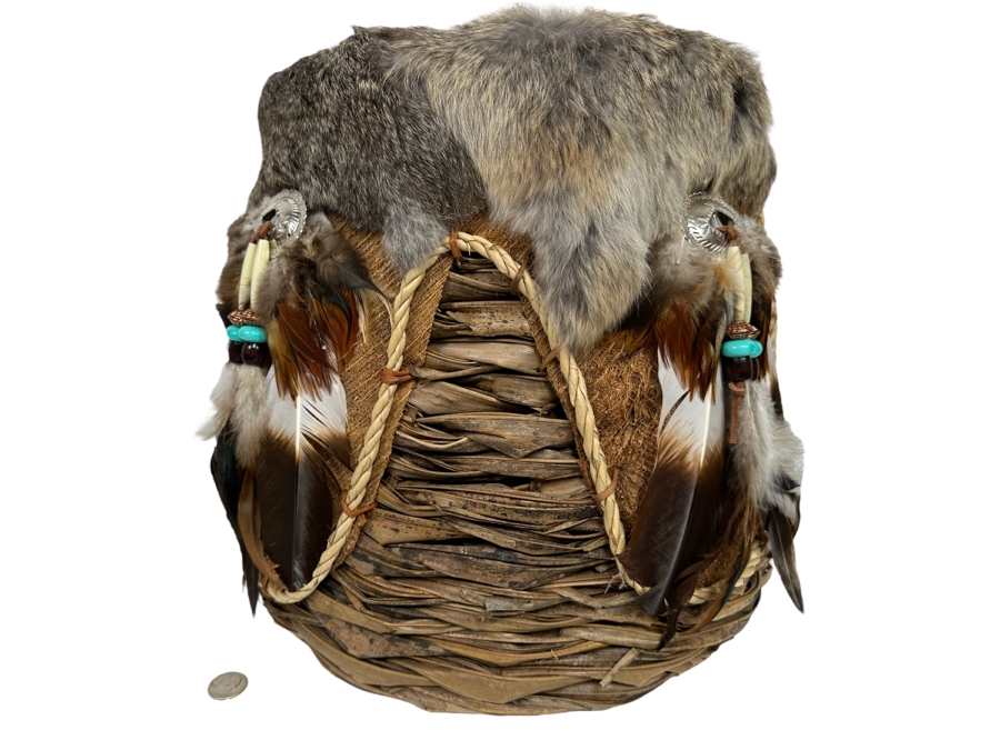 Handmade Basket Decorated With Fur And Feathers 15W X 14H