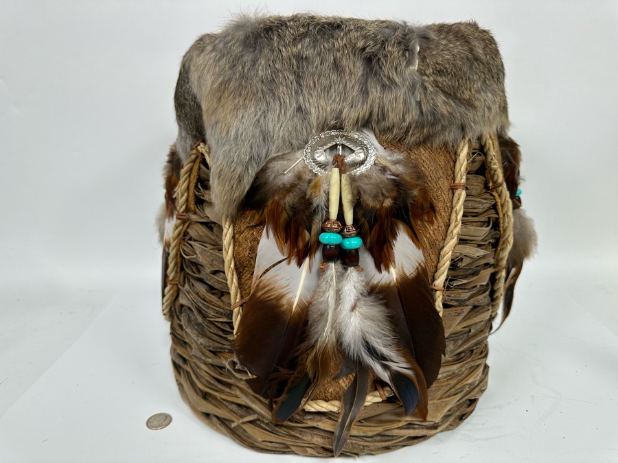 Handmade Basket Decorated With Fur And Feathers 15W X 14H [Photo 7]
